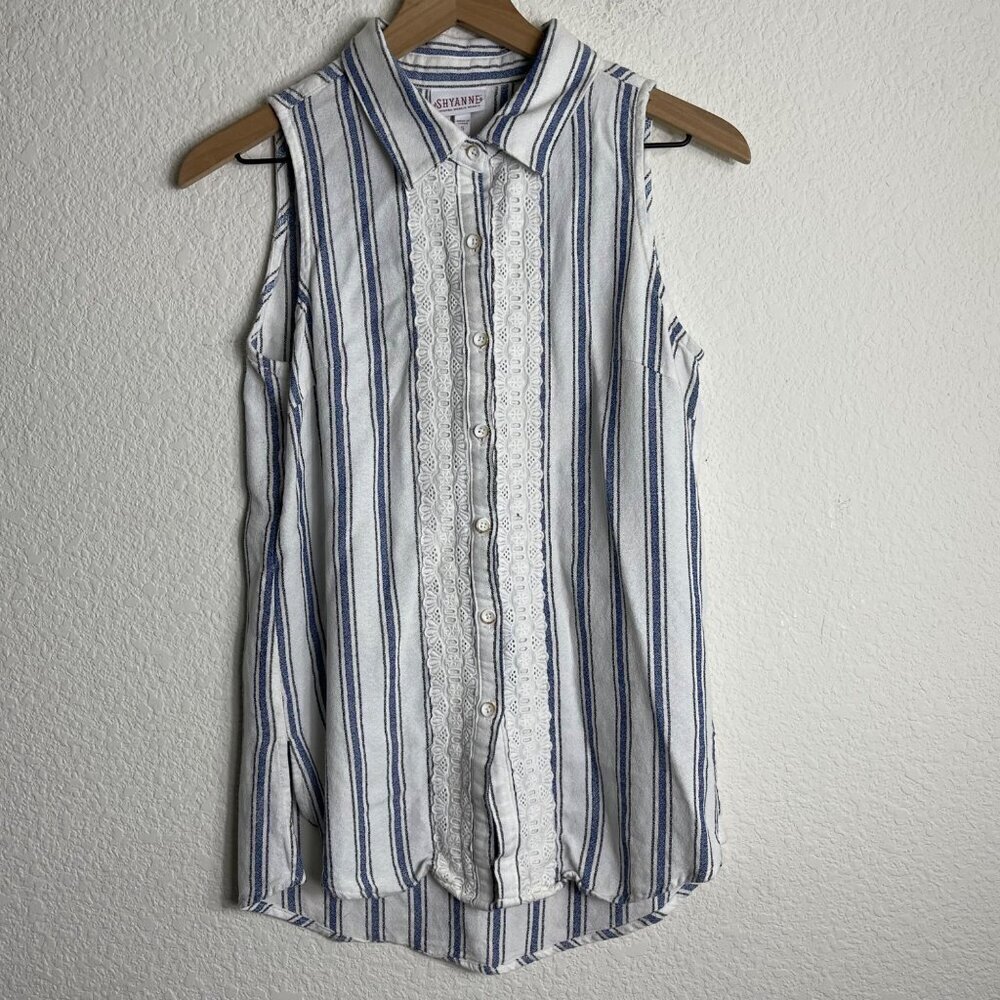 Shyanne Women’s Sleeveless Blue Stripe Lace Collar Blouse Small - Picture 5 of 10
